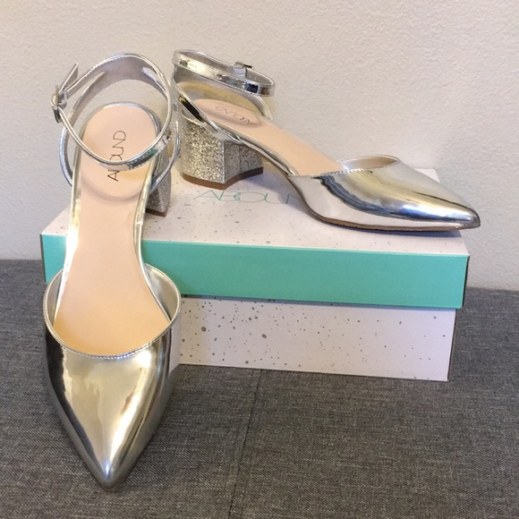 silver ankle strap low heels